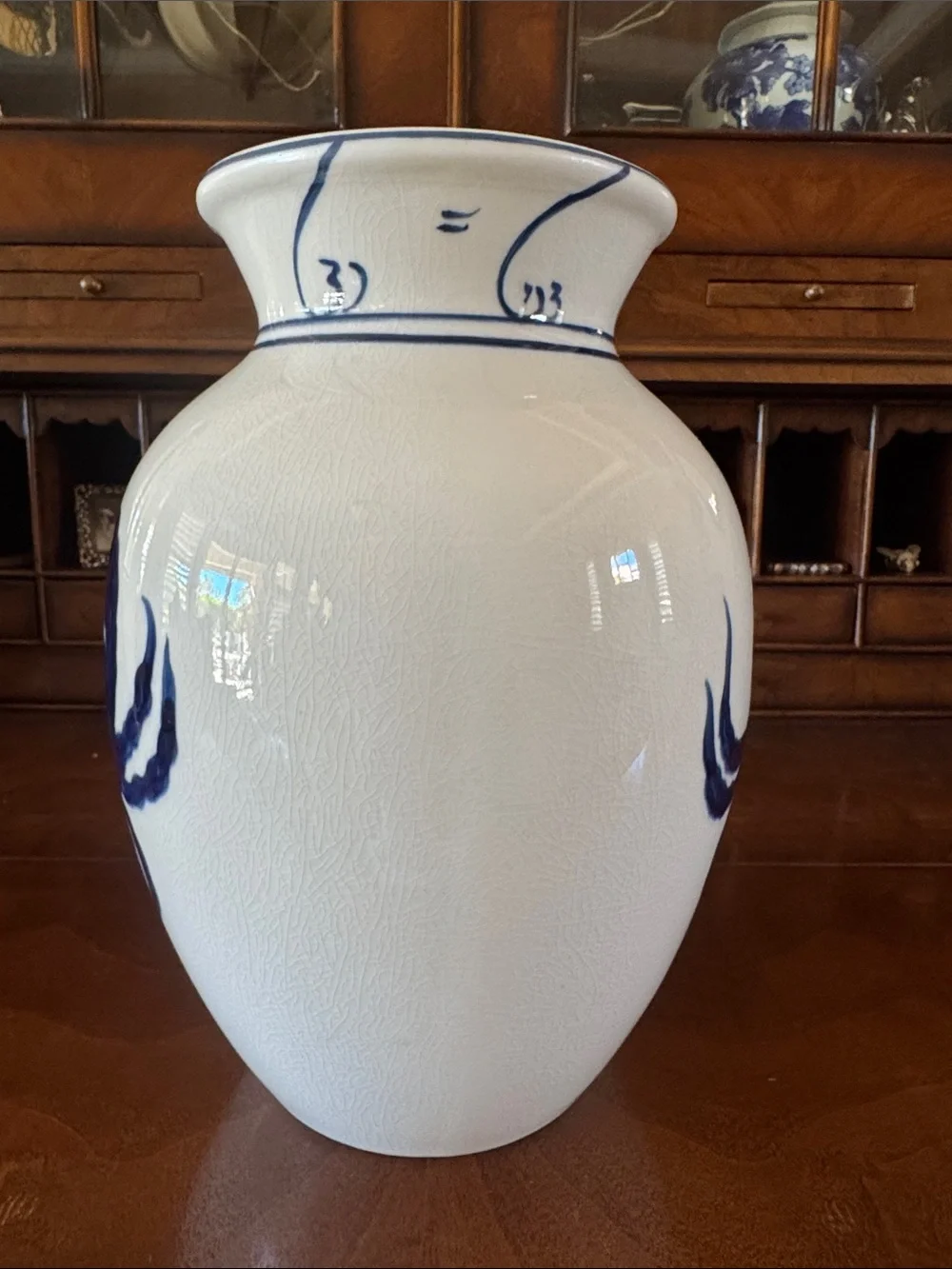 Gorgeous Hand-Painted White Crackle Ceramic Vase with Blue Crab Motif - New!